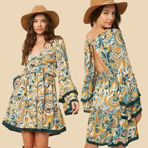 Listicle Retro Swirl Mini Dress • NWT • Rayon • Bell Sleeves • Boho Lace Ruffles